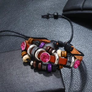 Handmade multilayer leather bracelet with pink rhinestones, wood beads and adjustable cord