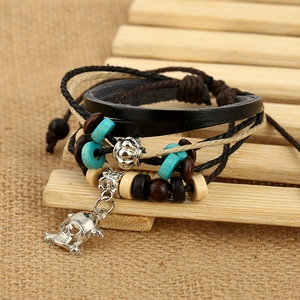 Multilayer leather punk bracelet set with wooden beads and silver skull charm