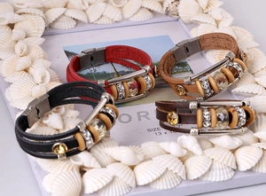 Detail of multi-layer beaded leather bracelets with stainless steel clasps in four colors