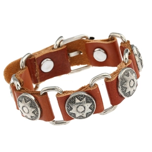 Vintage Brown Cowhide Leather Bracelet Retro Punk Unisex Hip Hop Wristband With Octagram Star Metal Rivets Alloy Rings Jewelry
