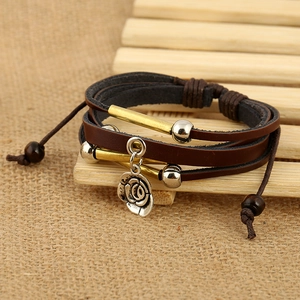 Retro multi-layer brown leather bracelet with rose pendant and metal bead accents