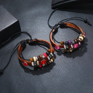 Handmade bohemian brown leather beaded bracelet with colorful crystal stones and wood beads