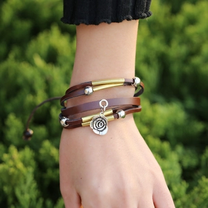 Bohemian multi-layer leather bracelet with silver rose pendant and beads for women