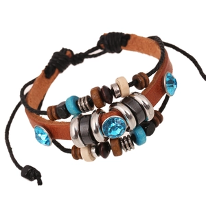 Bohemian Handmade Cowhide Beaded Bracelet Unisex Punk Vintage Leather Braided Wristband With Blue Rhinestone Alloy Wood Beads