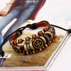 Retro multilayer leather beaded bracelet with Maltese cross charm and wood beads