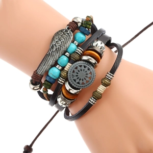 Bracelet Vintage Bohême Multicouche en Cuir Véritable pour Homme Femme Tressé Ajustable Alliage Plume Aile Bijoux Punk