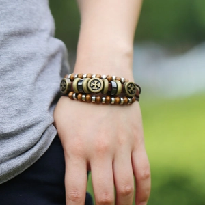 Men's multilayer vintage leather bracelet with wooden beads and bronze cross charm