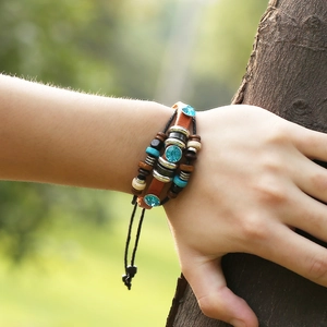 Multilayer bohemian leather bracelet with blue crystal beads and wooden accents