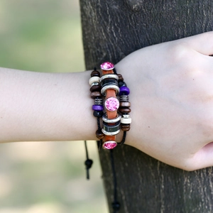 Bohemian multi-layer leather wrap bracelet with pink rhinestones and wooden beads