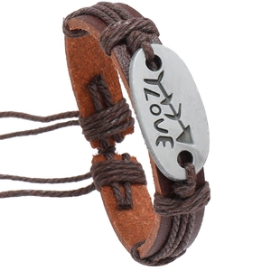 Bracciale retrò in pelle marrone fatto a mano con incisione LOVE e dettagli intrecciati