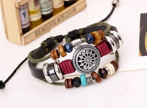 Detail of multilayer leather bracelet featuring vintage alloy charm and colorful beads