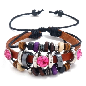 Handmade Punk Bohemian Multilayer Cowhide Leather Beaded Bracelet With Wood Beads Rhinestone Adjustable Ethnic Jewelry For Unisex