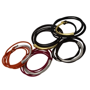 Multilayer genuine leather wrap bracelet with polished gold and silver metal tube clasps