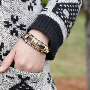Multi-layer vintage leather beaded bracelet with brown straps and yellow gemstones