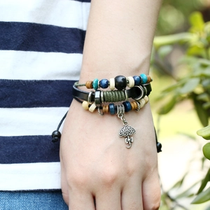 Handmade multilayer leather bracelet with umbrella charm and vintage wooden beads