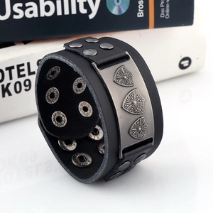 Punk vintage black leather bracelet with silver shield metal buckle and adjustable studs