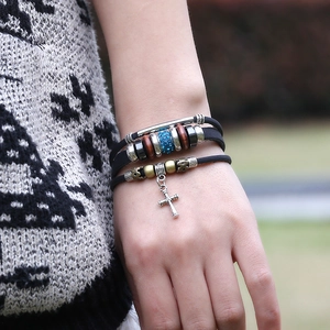 Multilayer leather beaded bracelet featuring a vintage cross pendant for men and women