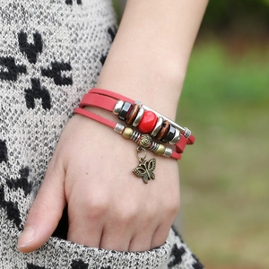 Red multi-layer leather wrap bracelet featuring a vintage metal butterfly pendant for women