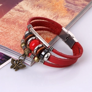 Multilayer red leather braided bracelet with beads and vintage butterfly pendant charm