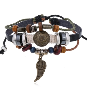 Retro Multilayer Cowhide Leather Bracelet Handmade Woven Hemp Rope Beaded Alloy Feather Sun Pendant Bohemian Adjustable Jewelry