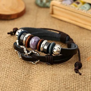 Retro multi-layer braided leather bracelet with purple stone beads and metal charms