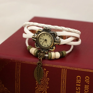 Vintage style multi-layer white leather wrap watch with bronze leaf charm and beads