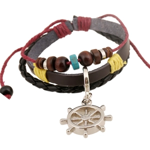 Bracelet Perlé Multicouche Punk Vintage en Cuir de Vachette Avec Pendentif Barre de Navire Argent Bijoux de Mode Nautique