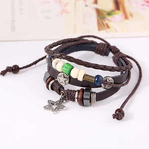 Retro multi-layer leather bracelet with star pendant and colorful beads on white background