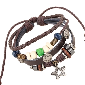 Multilayer leather bracelet with bronze star pendant and vintage wooden beads decor
