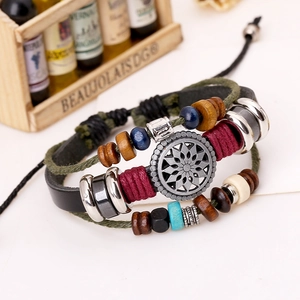 Bohemian multi-layer leather bracelet with sunflower charm and colorful wooden beads