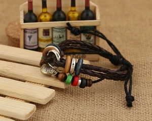 Retro multi-layer leather bracelet with metal fish charm and colored wooden beads