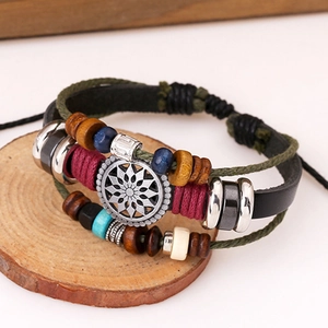 Vintage bohemian multilayer leather bracelet with wooden beads and sun pendant