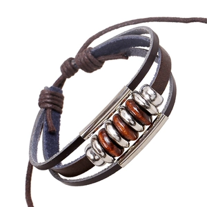 Vintage Multi-layer Braided Cattle Hide Bracelet For Men Handmade Wood Bead Alloy Tube Adjustable Cord Ethnic Punk Wristband Jewelry