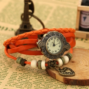 Retro orange multilayer leather wrap bracelet watch with heart pendant and quartz dial