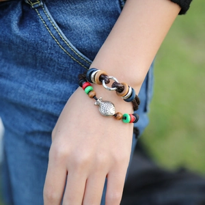 Ethnic double-layer leather bracelet with fish charm and colorful wooden beads