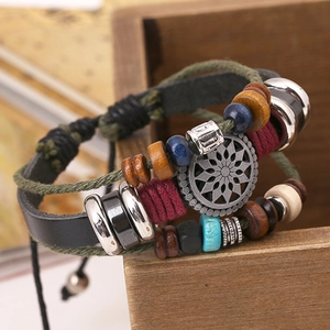 Vintage multilayer leather bracelet featuring sunflower charm and colorful wooden beads