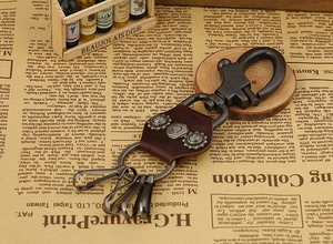 Detail of vintage punk leather keychain with bronze hooks and rivets on newspaper