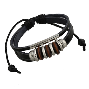 Handmade multilayer braided black leather bracelet with vintage beads and adjustable drawstring