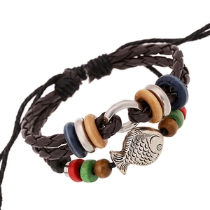 Vintage Handmade Leather Woven Bracelet With Alloy Fish Pendant Colorful Wood Beads Unisex Ethnic Jewelry Gift Adjustable