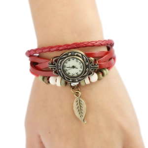Vintage Handmade Braided Leather Bracelet Watch For Women Ethnic Bohemian Style Quartz Watch With Leaf Pendant Beads