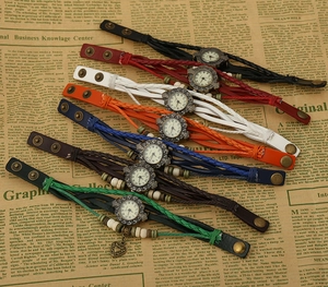 Collection of retro bohemian braided leather wrap watches with heart charms in multiple colors