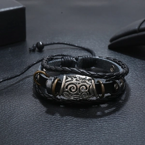Retro multi-layer black braided leather bracelet with engraved silver metal tube for men