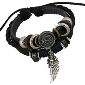 Bracciale in Pelle di Vacchetta Multistrato Punk Retrò Con Ciondolo Rosa Ali in Lega Perline in Legno Regolabile Intrecciato