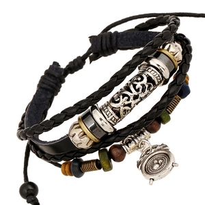 Vintage Punk Leather Braided Bracelet with Alloy Alarm Clock Pendant Colorful Wood Beads Handmade Boho Jewelry for Women Men