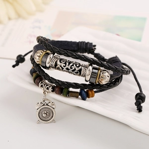 Retro multi-layer leather bracelet with alarm clock charm and carved alloy beads
