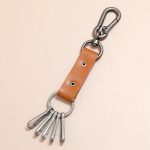 Retro brown leather keychain with heavy duty metal carabiner and five key organizers