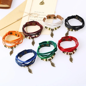 Retro multi-layer braided leather bracelets set with leaf pendants in seven colors