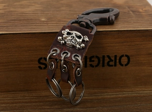 Vintage skull leather keychain with antique silver metal finish and three key rings