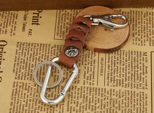 Handmade woven dark brown leather keychain with vintage silver alloy lobster clasp and ring