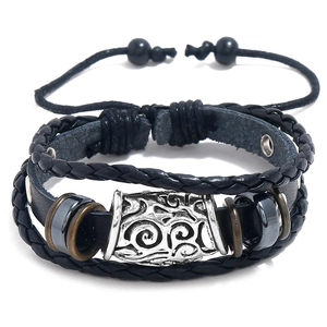 Men Vintage Multilayer Woven Cowhide Leather Bracelet Alloy Wood Beads Ethnic Punk Adjustable Wrap B01320 Jewelry Gift